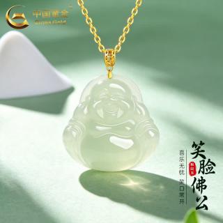 18k金扣头镶和田玉弥勒佛吊坠女款佛像项链情人